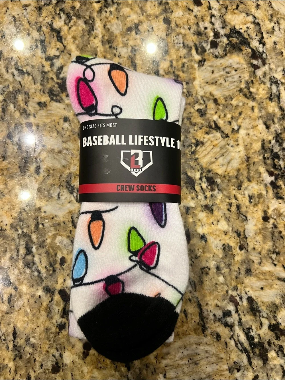 Baseball Lifestyle White Crew Socks with Multicolor Light Bulb Print